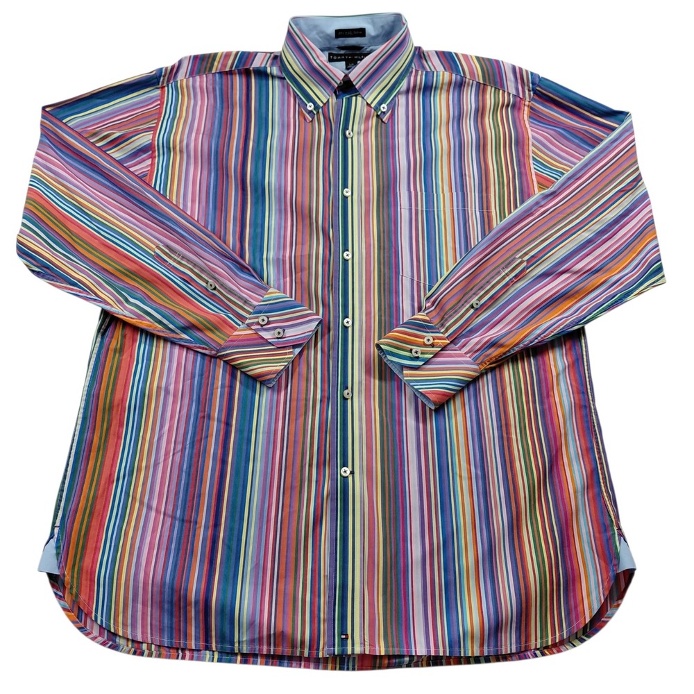 Tommy Hilfiger Mens Large Multicolor Striped 80s 2-Ply Cotton Button‎ Down Shirt
